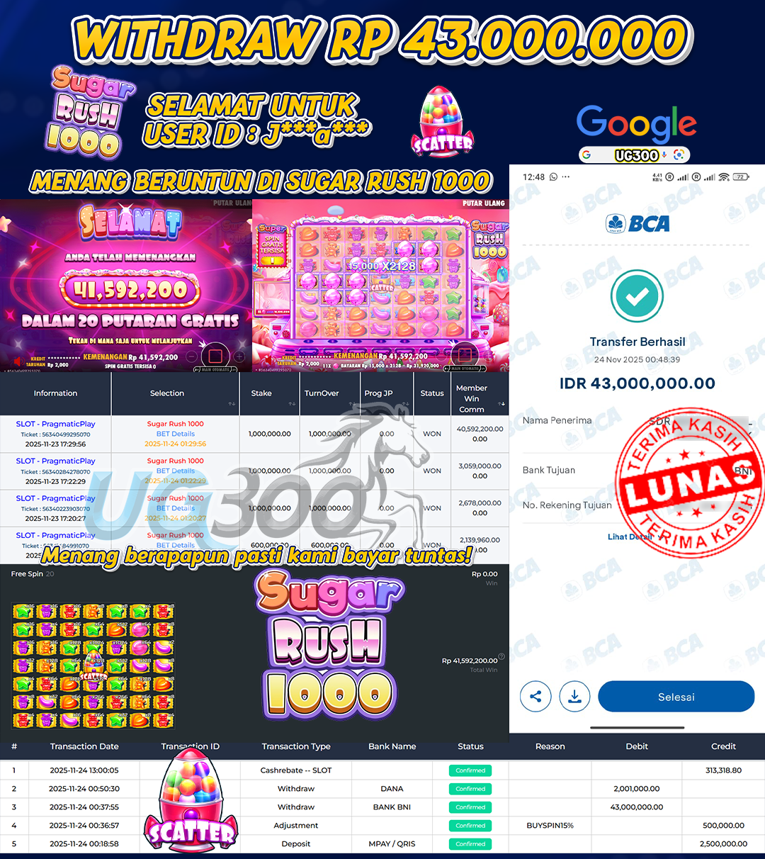 UG300 BERMAIN DI SUGAR RUSH 1000 JACKPOT WINSTREAK  Rp.43,000,000- DI BAYAR TUNTAS